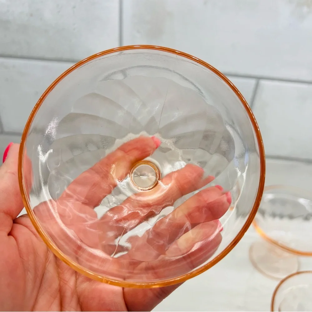 HAZEL ATLAS Vintage Diamond Optic Pink Champagne / Tall Sherbet Glasses Set of 4